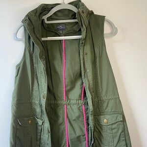 Market & Spruce Olive Green Long Cotton Jacket Vest Zip Up Hood Size Small